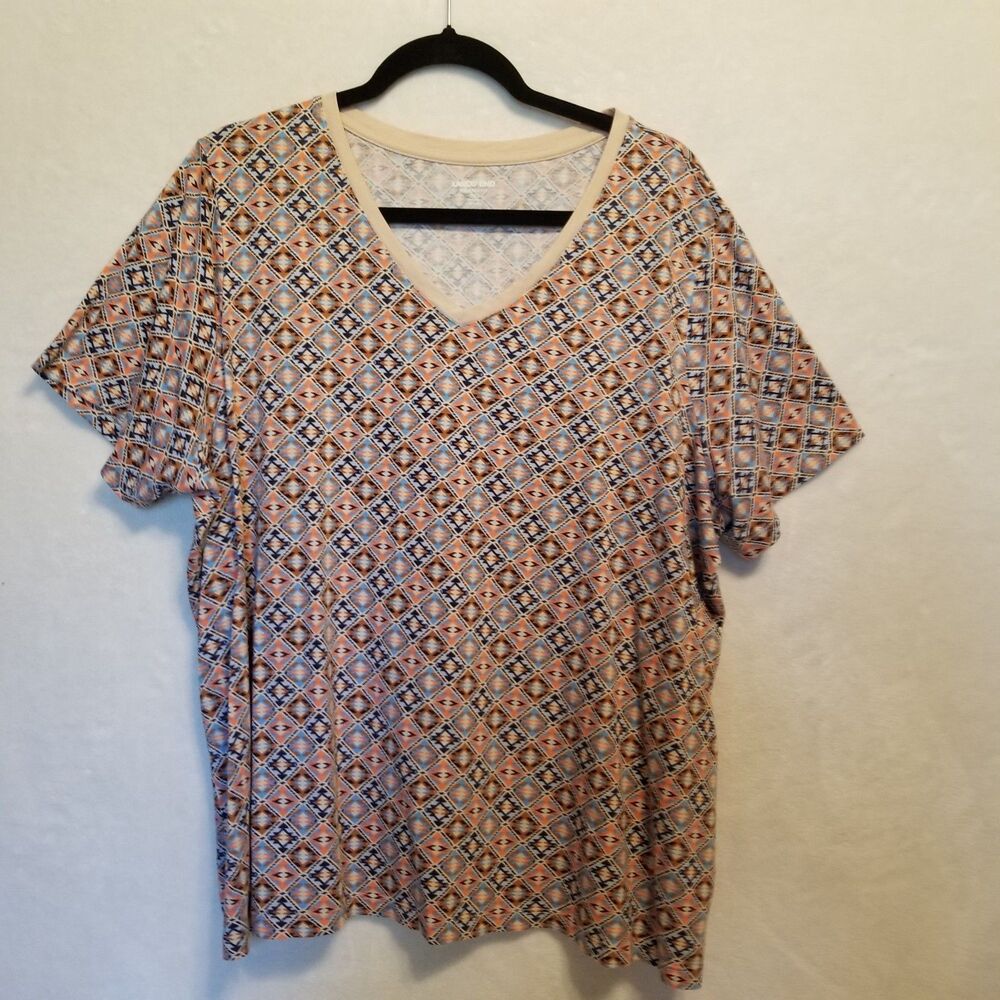 Lands End 2X T Shirt Relaxed Fit V Neck 100% Supima Cotton Southwest Aztec